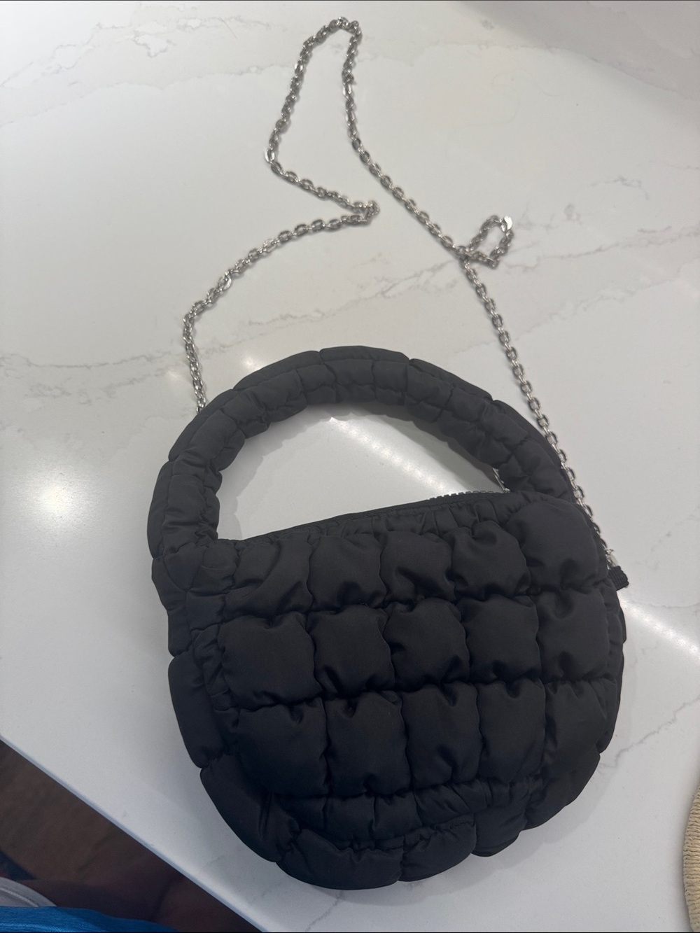 Quilted Black Circle Crossbody Bag with Removable Chain Strap
